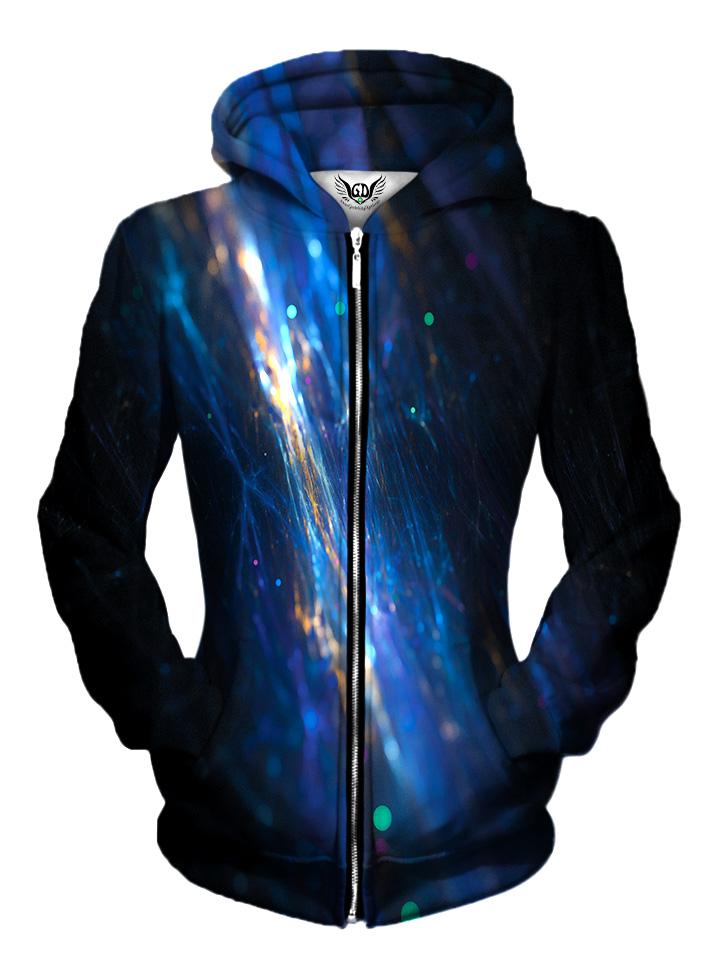Front view of women's all over print fiber light show zip up hoody by Gratefully Dyed Apparel.