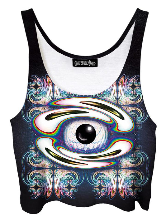 Trippy front view of GratefullyDyed Apparel rainbow, white & black eyeball mandala crop top.