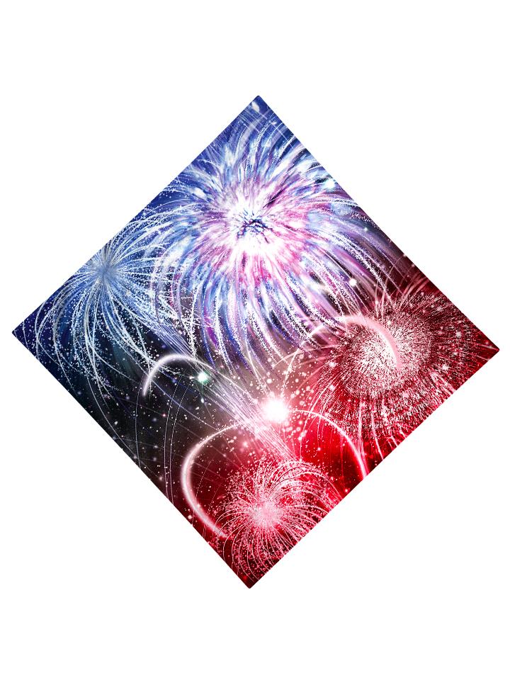 Trippy Gratefully Dyed Apparel red, white & blue fireworks bandana flat view.