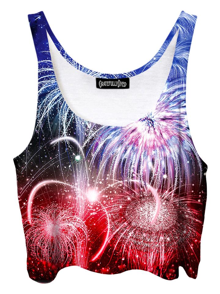 Trippy front view of GratefullyDyed Apparel red, white & blue fireworks crop top.