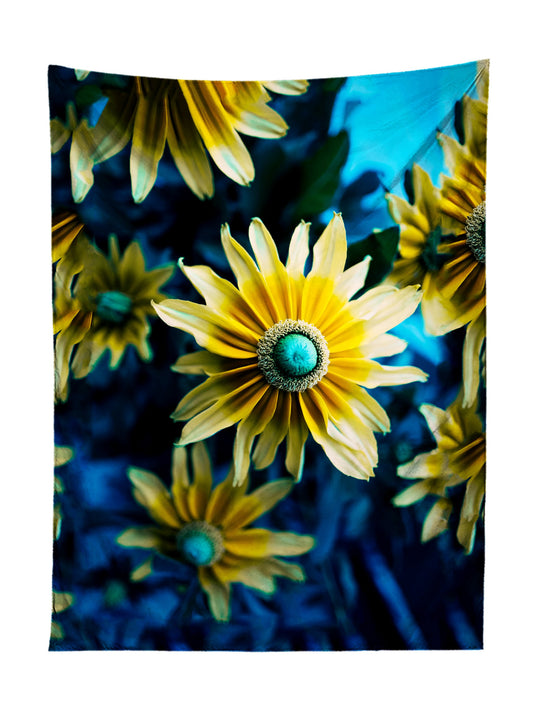 Vertical hanging view of all over print blue & yellow flower tapestry by GratefullyDyed Apparel.