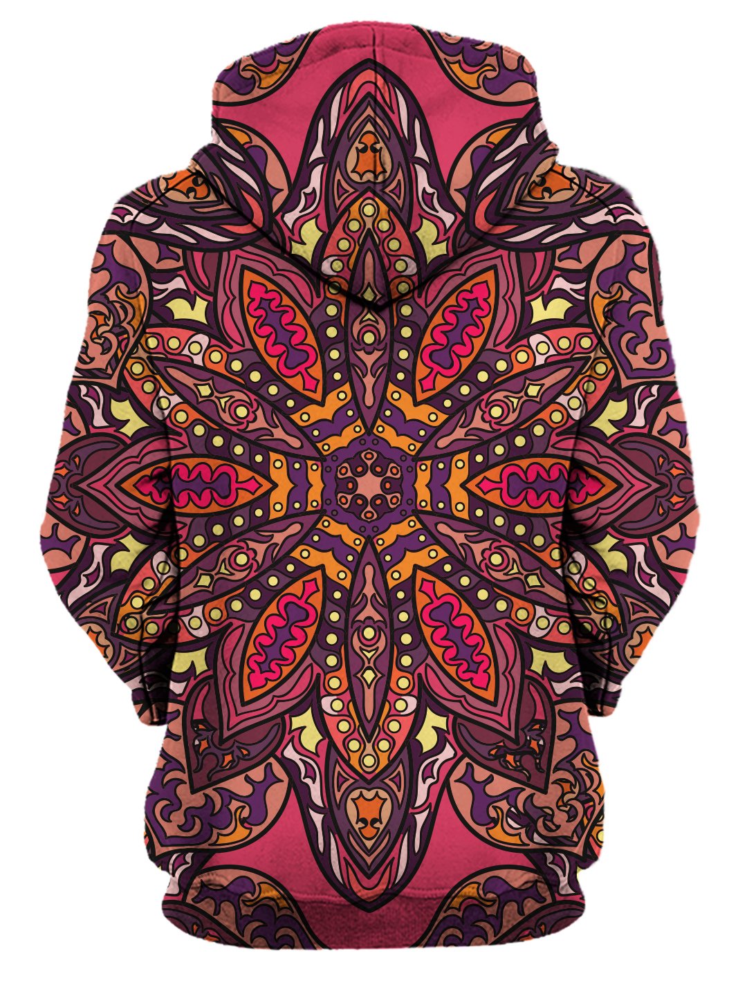Rear of women's all over print pink, purple, orange & yellow psychedelic mandala hoody. 