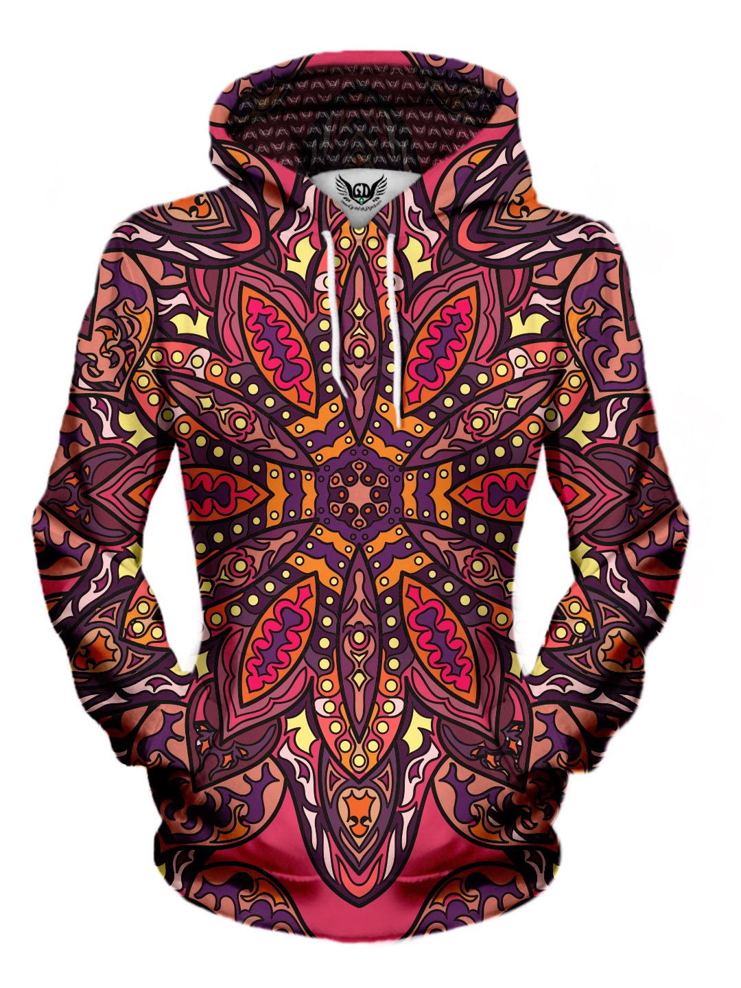 Women's front view of trippy mandala pullover hoodie.