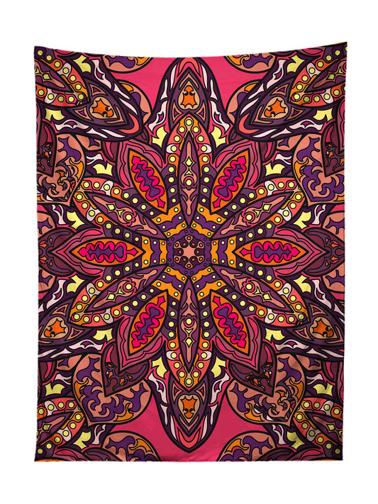 Vertical hanging view of all over print pink, orange, purple & yellow mandala tapestry by GratefullyDyed Apparel.