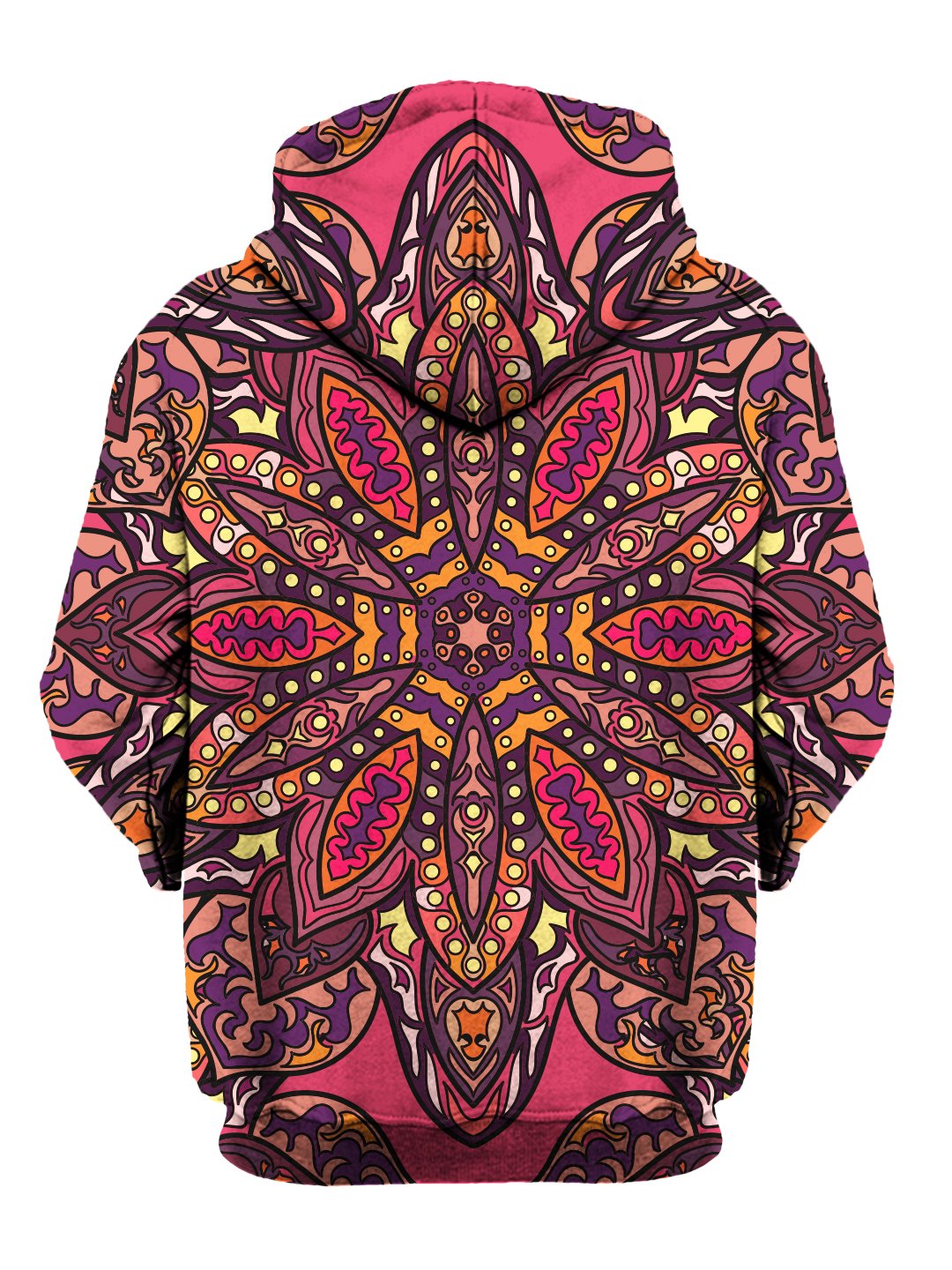 Rear of pink, purple, orange & yellow flower mandala zip-up hoody. 
