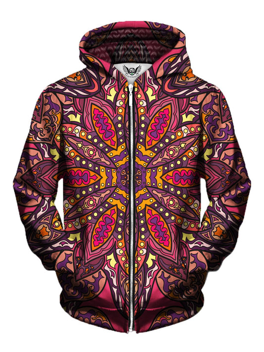 Men's pink, purple, orange & yellow retro flower mandala zip-up hoodie front view.