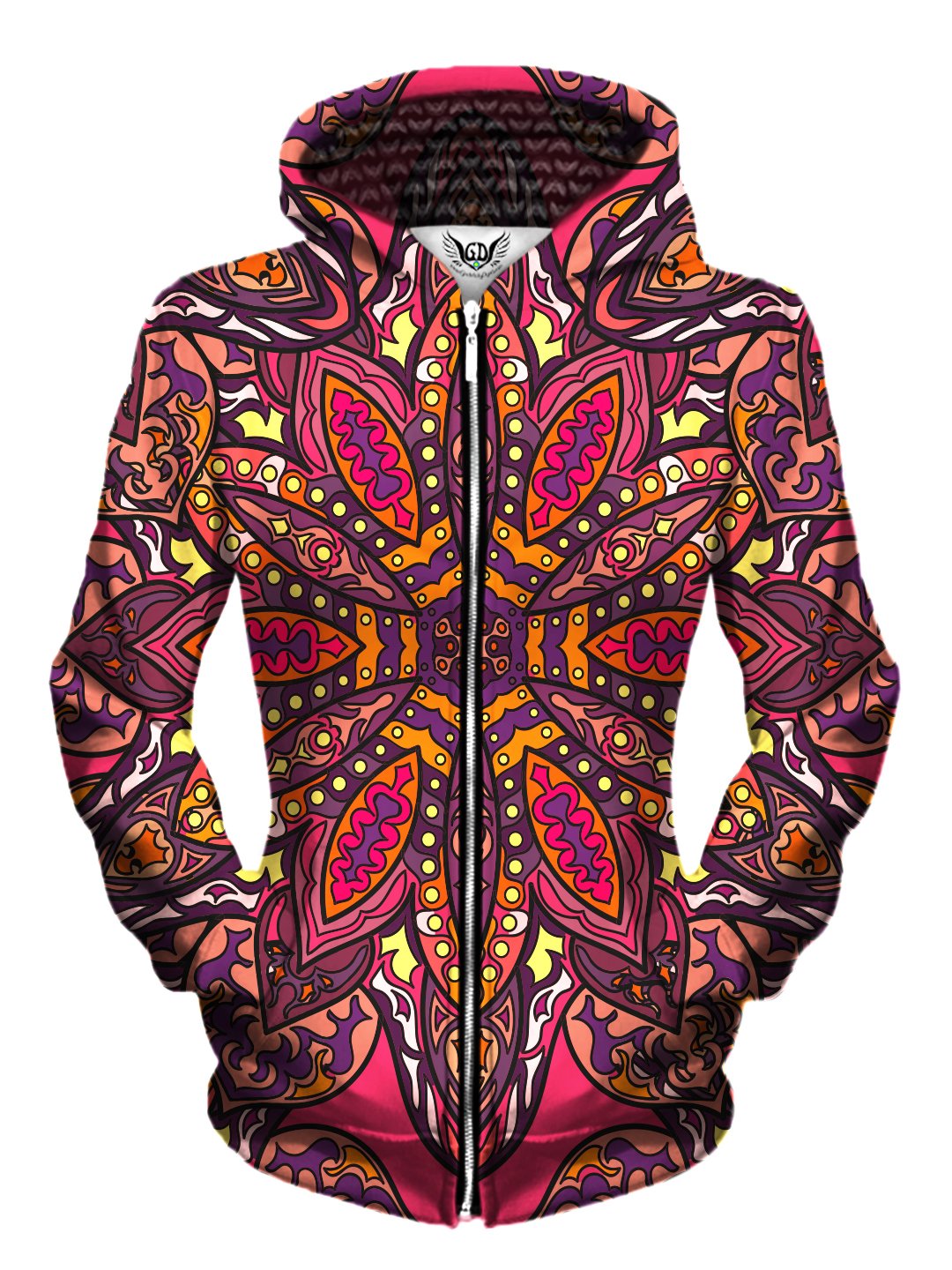 Front view of women's all over print sacred geometry zip up hoody by Gratefully Dyed Apparel.