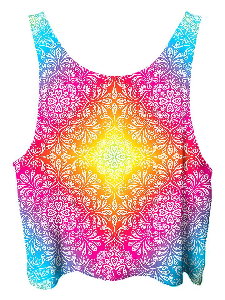 All over print psychedelic sacred geometry cropped top by Gratefully Dyed Apparel back view.