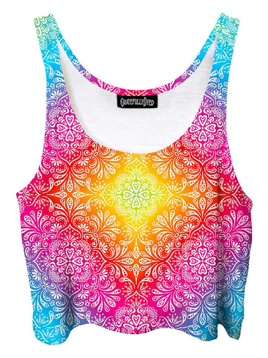 Trippy front view of GratefullyDyed Apparel rainbow paisley mandala crop top.