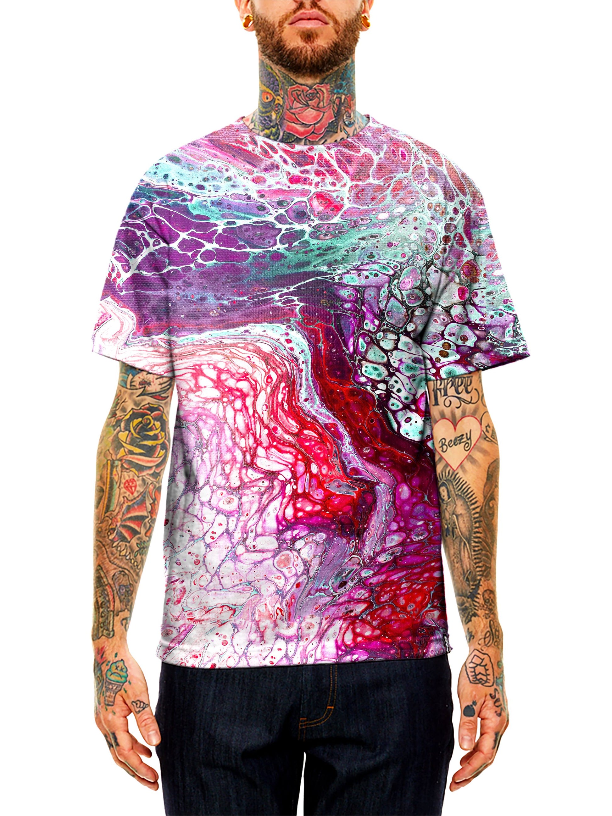 Model wearing GratefullyDyed Apparel pink, purple & blue marbled paint a unisex t-shirt.