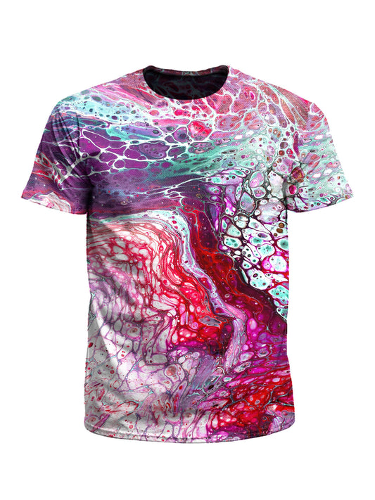 Men's pink, purple & blue marbling unisex t-shirt front view.