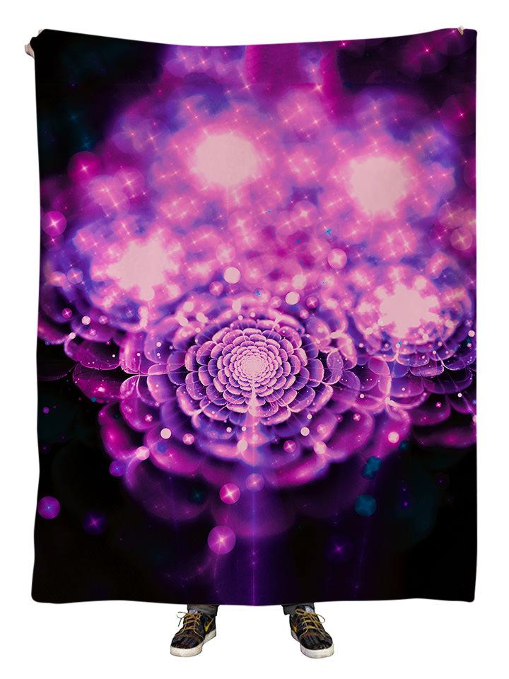 Hanging view of all over print pink & black flower galaxy blanket by GratefullyDyed Apparel.