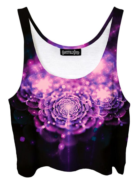 Trippy front view of GratefullyDyed Apparel pink & black flower fairy galaxy crop top.