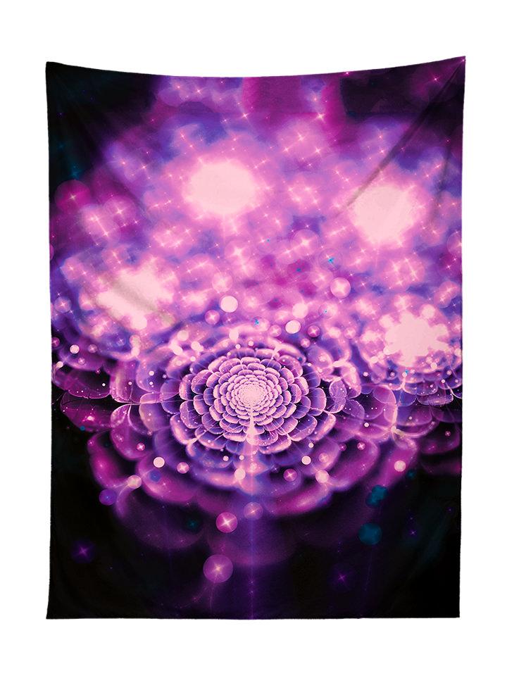 Vertical hanging view of all over print pink & black flower fairy galaxy tapestry by GratefullyDyed Apparel.