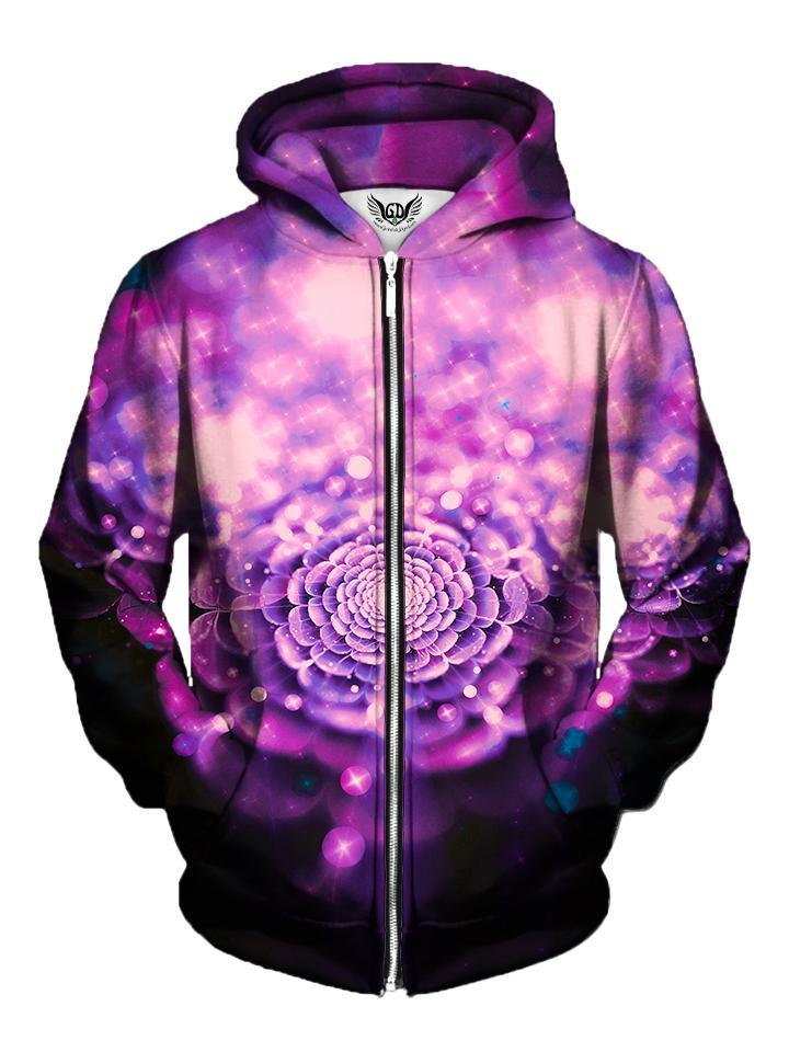 Men's purple flower galaxy zip-up hoodie front view.