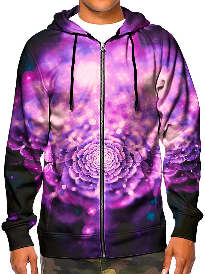 Model wearing GratefullyDyed Apparel psychedelic purple fairy flower galaxy zip-up hoodie.