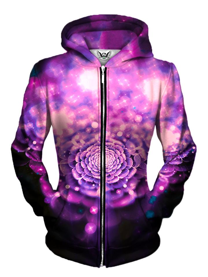 Front view of women's all over print fairy space zip up hoody by Gratefully Dyed Apparel.
