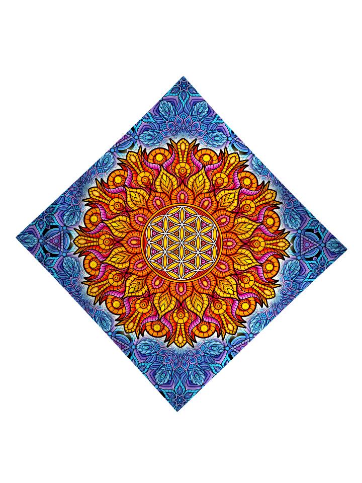 Trippy Gratefully Dyed Apparel blue & orange flower of life bandana flat view.