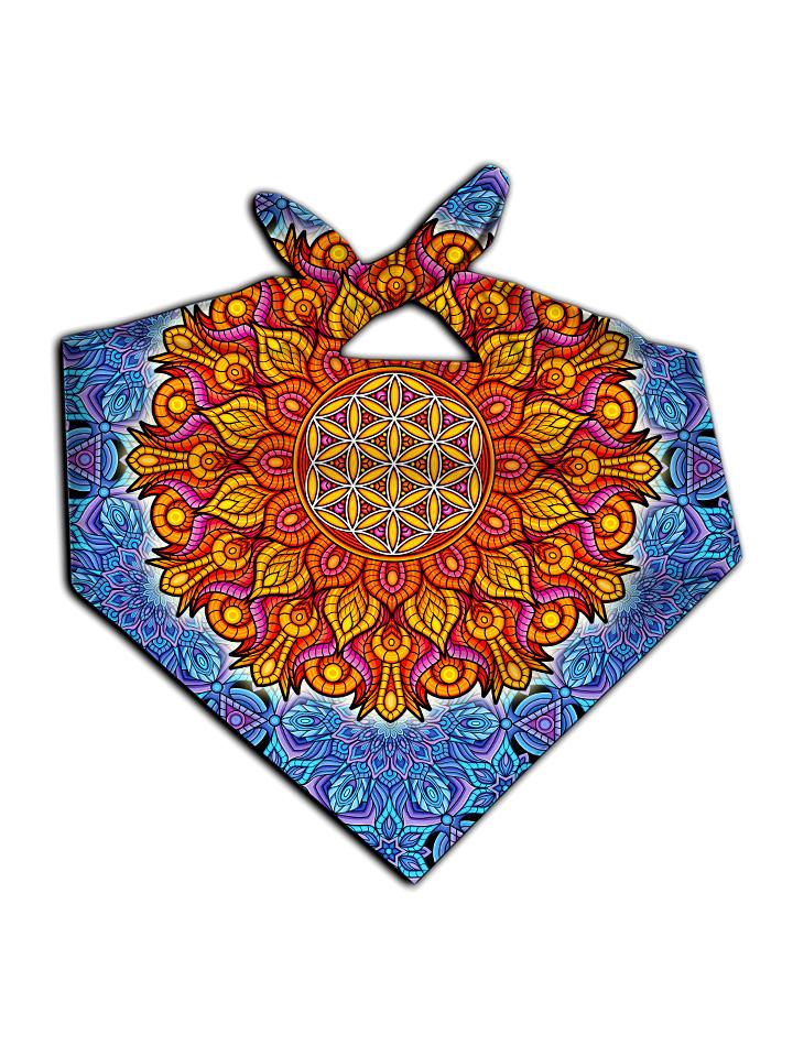 All over print blue & orange flower of life bandana by GratefullyDyed Apparel tied neck scarf view.