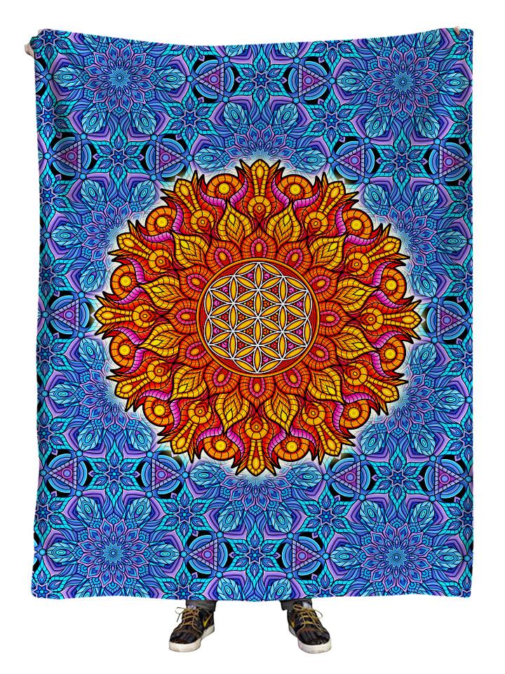 Hanging view of all over print blue & orange flower of life sacred geometry mandala blanket by GratefullyDyed Apparel.