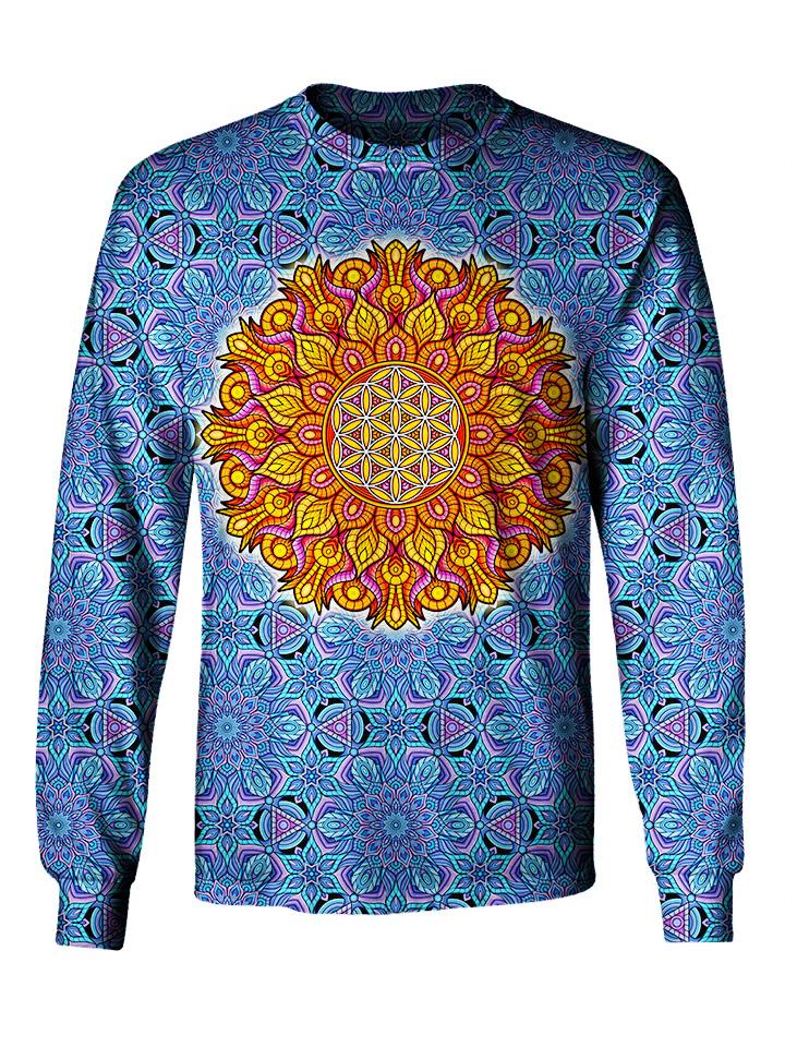 Front view of GratefullyDyed Apparel blue & orange flower of life mandala unisex long sleeve.
