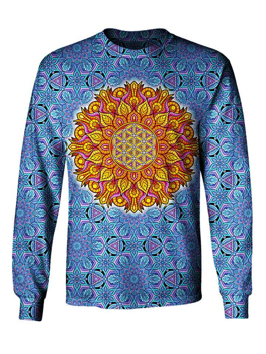 Front view of GratefullyDyed Apparel blue & orange flower of life mandala unisex long sleeve.