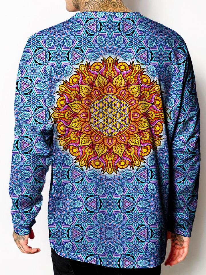 Model back view of all over print psychedelic sacred geometry unisex longsleeve.