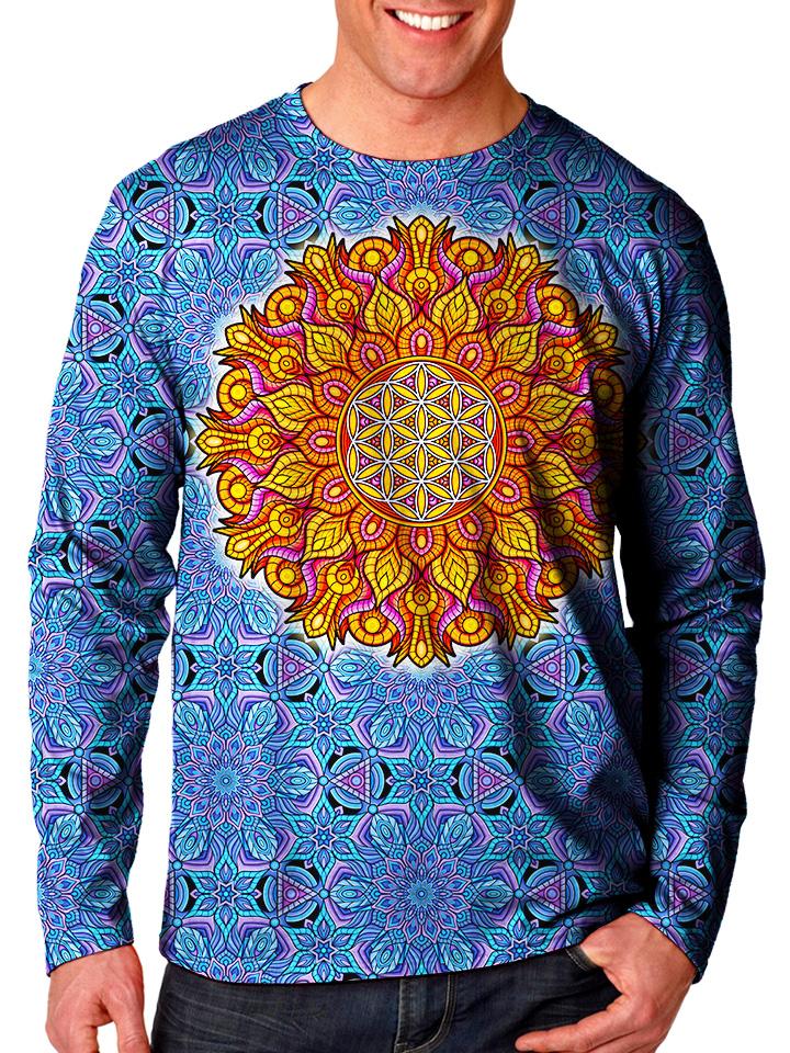 model wearing gratefully dyed apparel flower of life mandala unisex long sleeve front view.