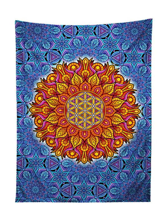 Vertical hanging view of all over print blue & orange flower of life sacred geometry tapestry by GratefullyDyed Apparel.