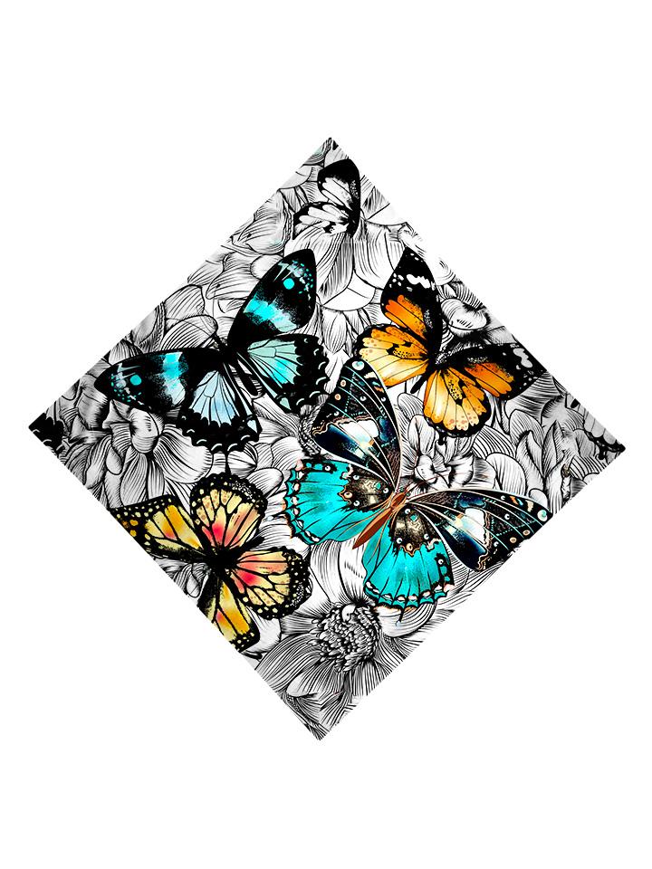 Trippy Gratefully Dyed Apparel black, white, blue & orange floral butterfly bandana flat view.
