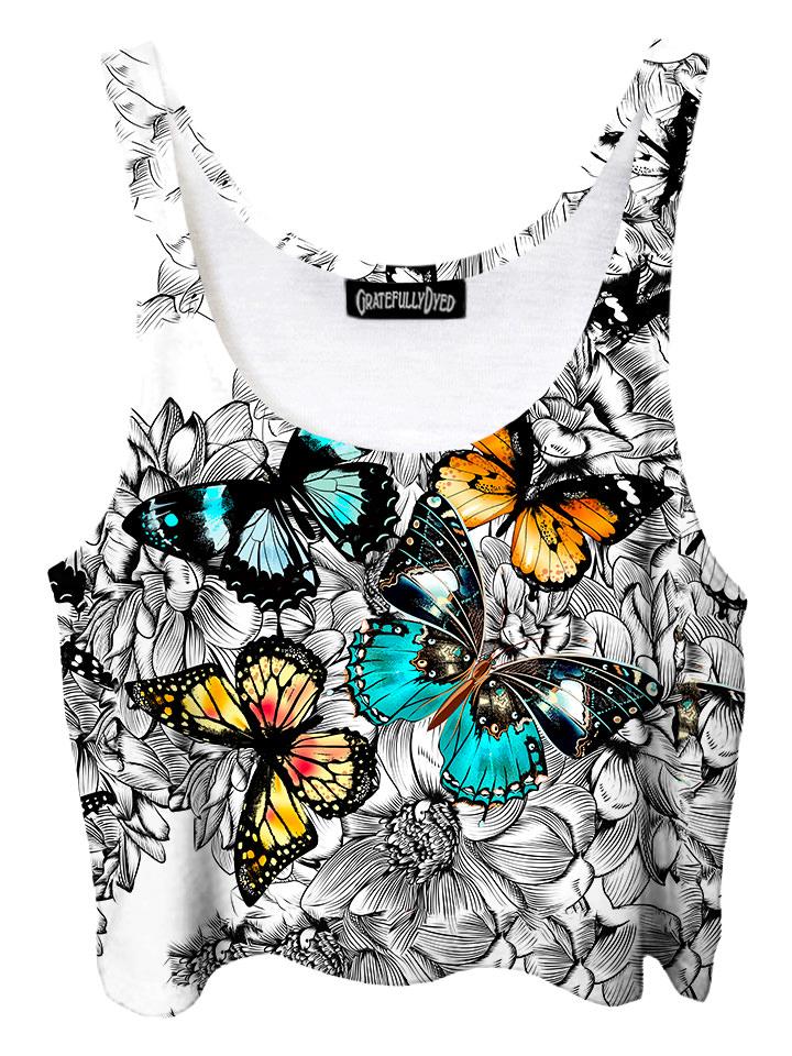Trippy front view of GratefullyDyed Apparel black, white, orange & blue floral butterfly crop top.