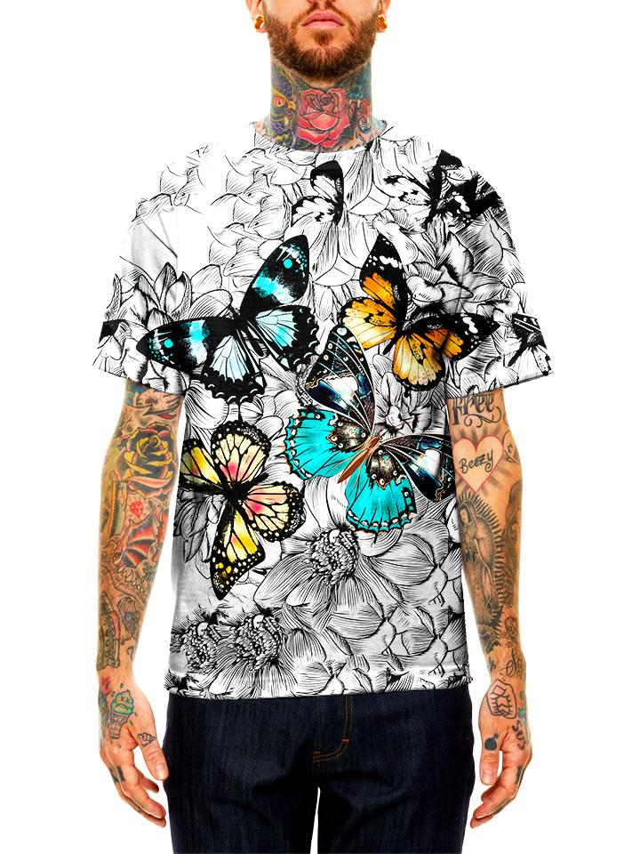 Model wearing GratefullyDyed Apparel black, white, blue & orange flower butterfly unisex t-shirt.