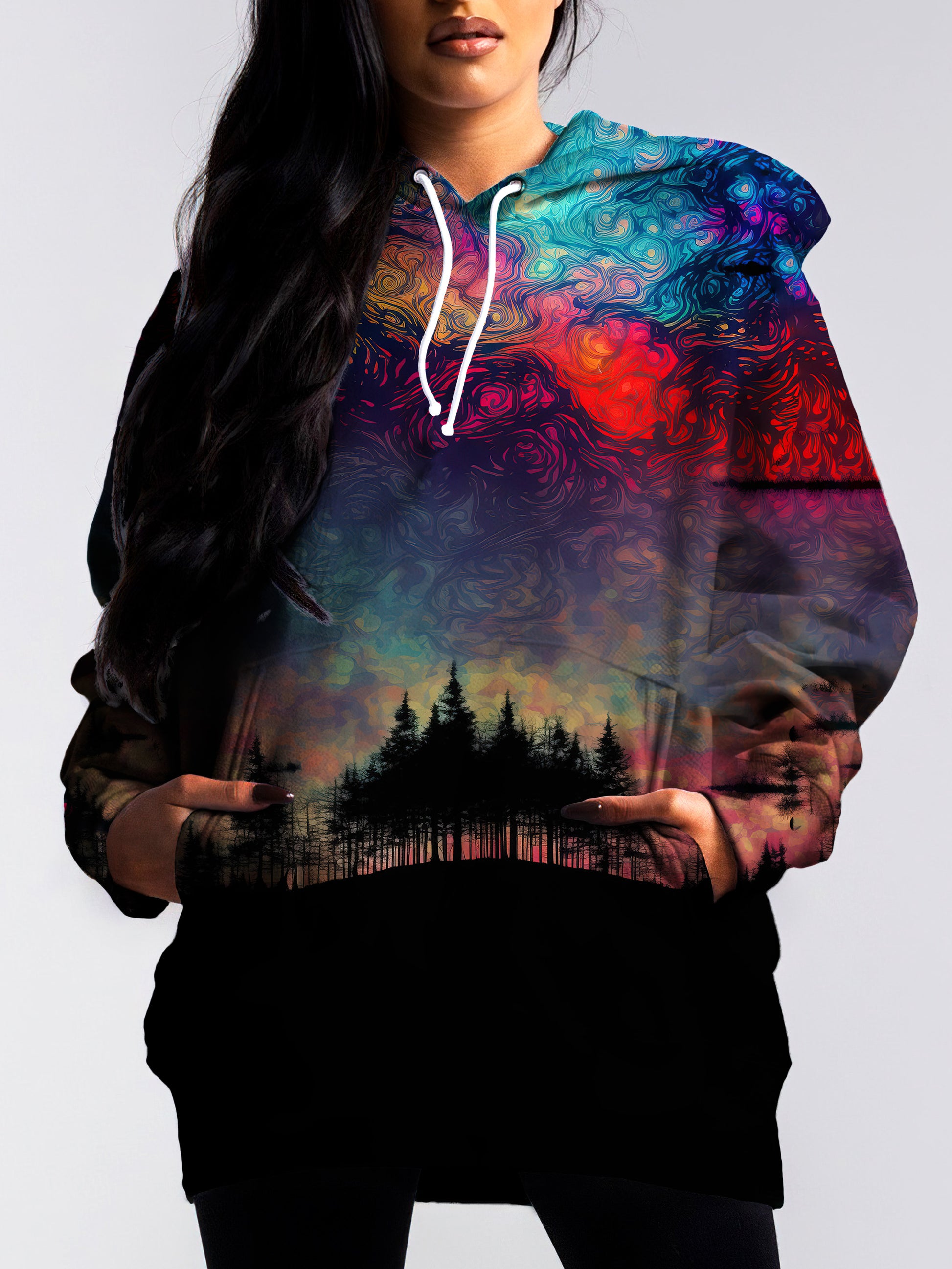 turn heads with this bright and colorful trippy pullover hoodie