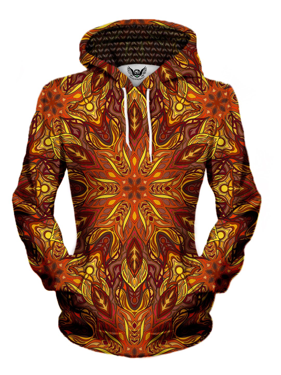 Women's front view of trippy mandala pullover hoodie.