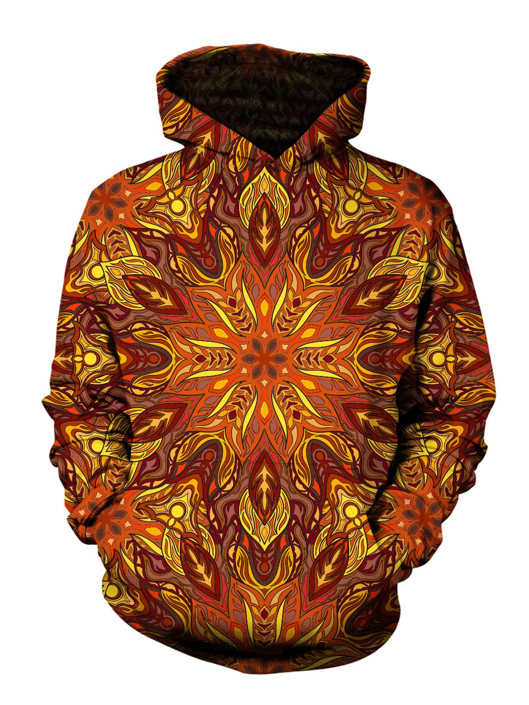 Men's orange fire mandala pullover hoodie front view.