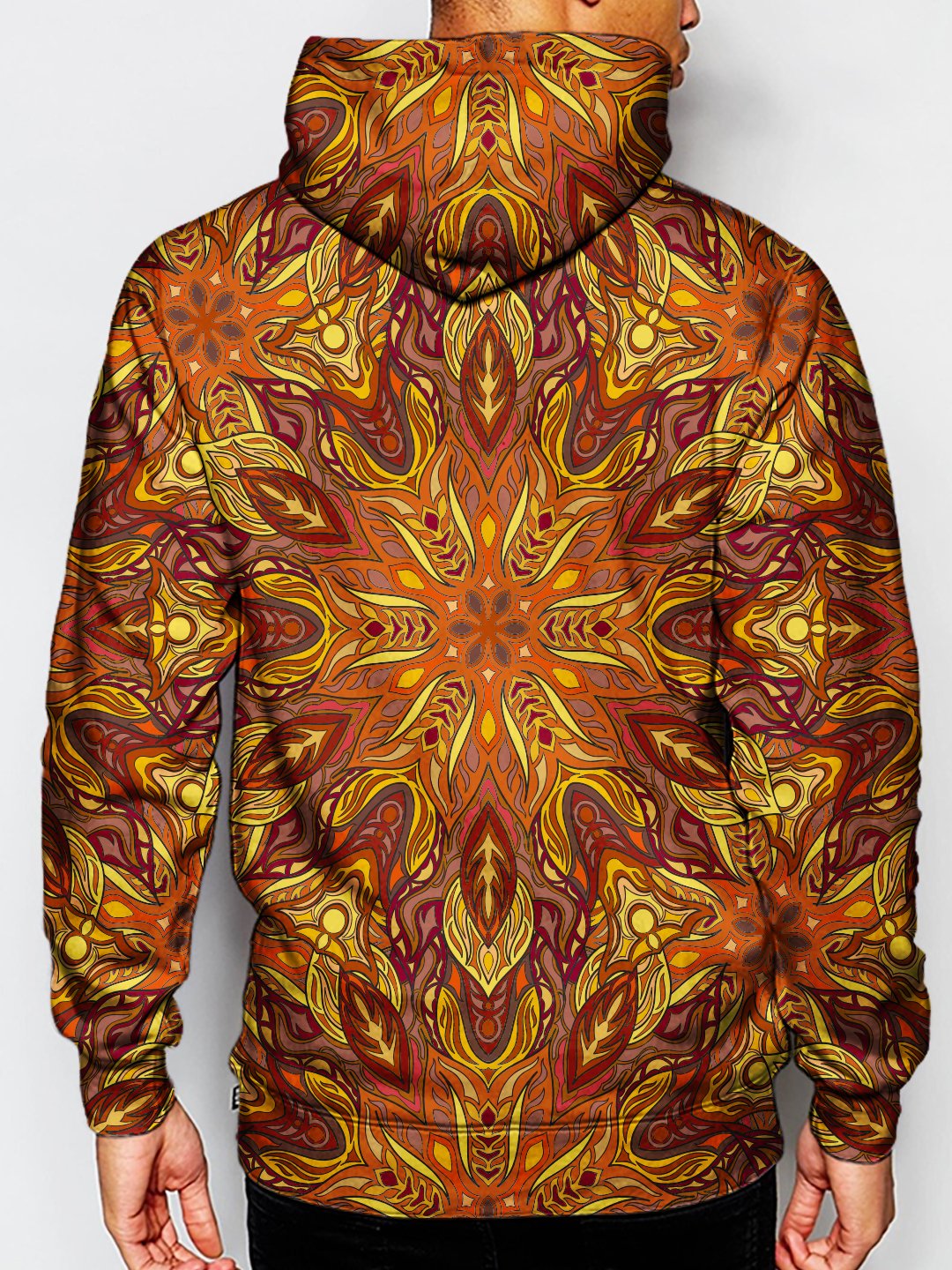 Model wearing GratefullyDyed Apparel psychedelic sacred geometry pullover hoodie.