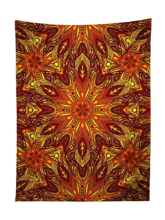 Vertical hanging view of all over print red, orange & yellow mandala tapestry by GratefullyDyed Apparel.