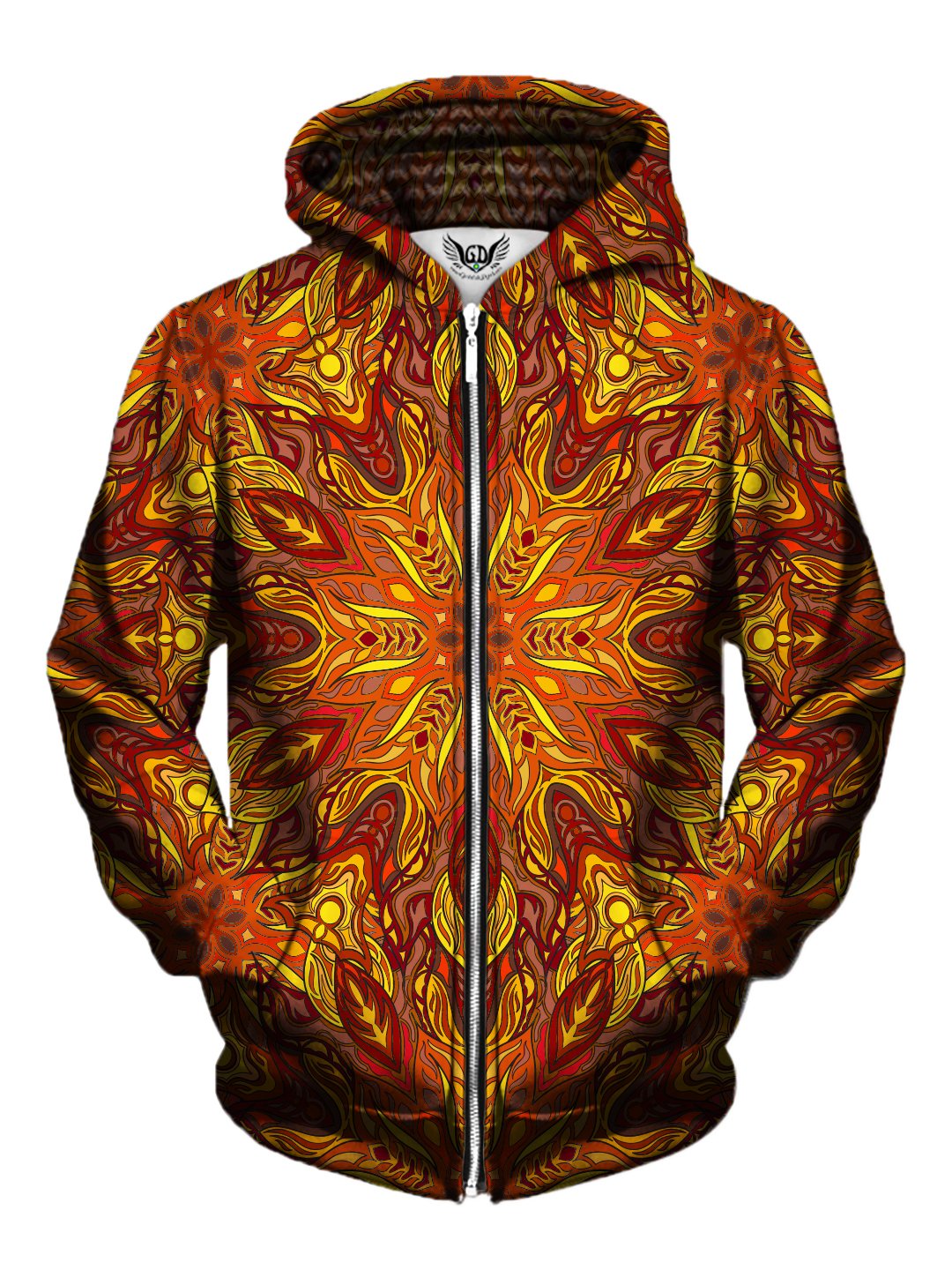 Men's red, orange & yellow fire mandala zip-up hoodie front view.