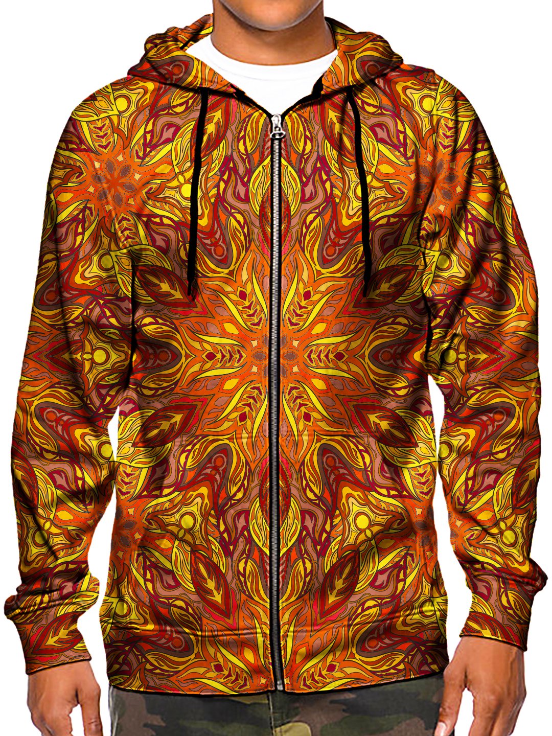 Model wearing GratefullyDyed Apparel psychedelic sacred geometry zip-up hoodie.
