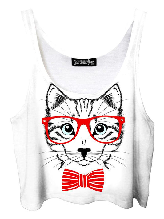Trippy front view of GratefullyDyed Apparel white & red bow tie kitty cat crop top.