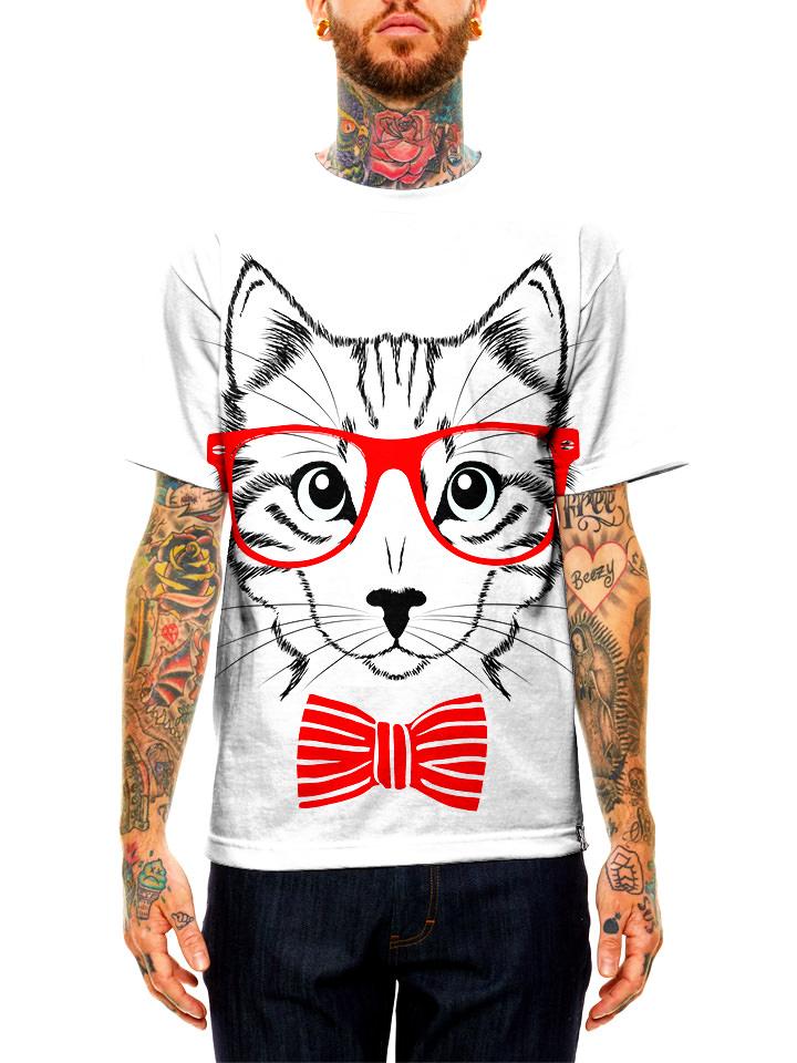 Model wearing GratefullyDyed Apparel red & white bow tie kitty cat unisex t-shirt.