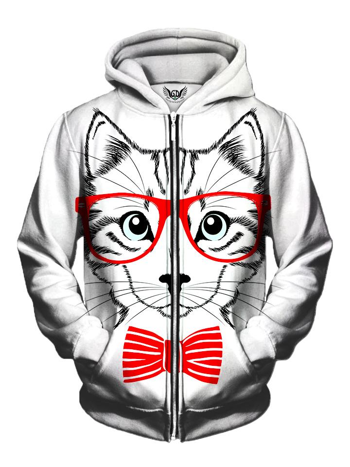 Men's white kitty cat with red bow tie & glasses zip-up hoodie front view.