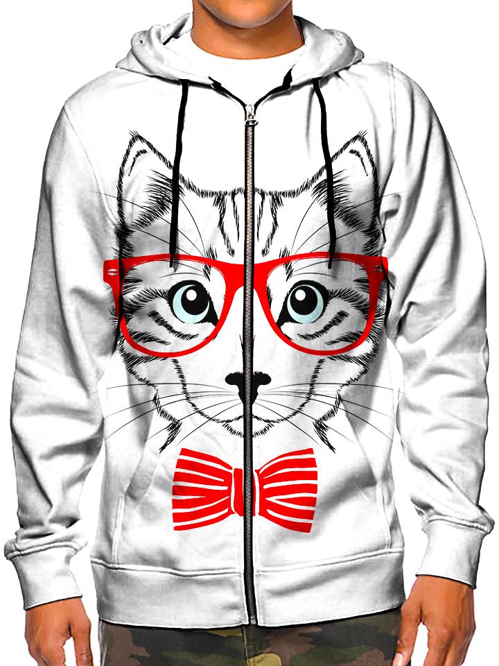 Model wearing GratefullyDyed Apparel white kitty cat with red bow tie & glasses zip-up hoodie.