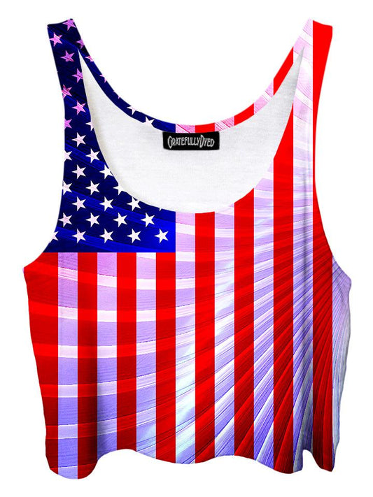 Trippy front view of GratefullyDyed Apparel red, white & blue american flag fractal crop top.