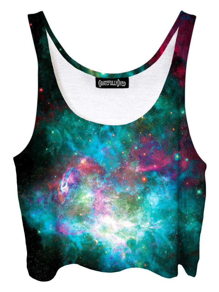Trippy front view of GratefullyDyed Apparel pink & teal galaxy crop top.