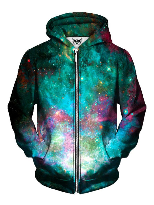 Men's teal & pink galaxy zip-up hoodie front view.