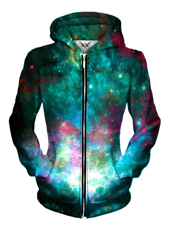 Front view of women's all over print space zip up hoody by Gratefully Dyed Apparel.