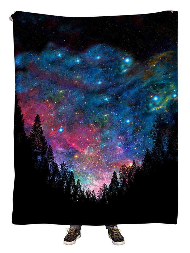 Hanging view of all over print rainbow forest galaxy blanket by GratefullyDyed Apparel.