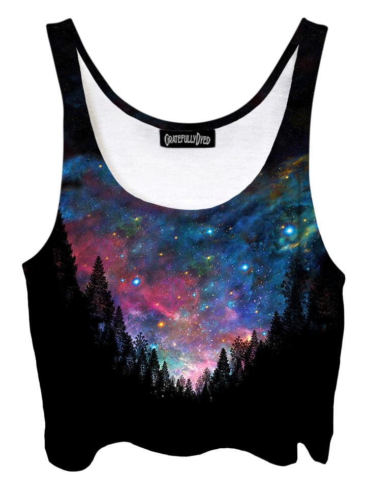 Trippy front view of GratefullyDyed Apparel black & rainbow forest galaxy crop top.