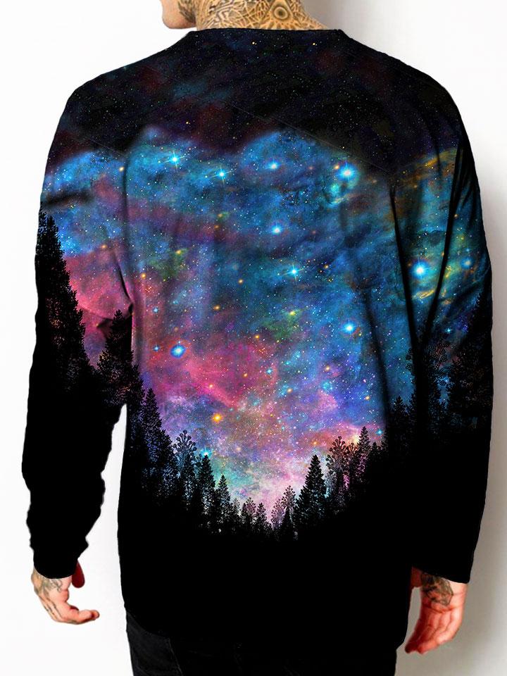 Model back view of all over print psychedelic space nature unisex longsleeve.